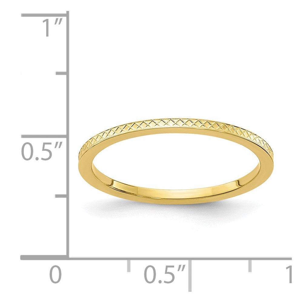 Alternate view of the 1.2mm 10k Yellow Gold Crisscross Flat Stackable Band, Size 4 by The Black Bow Jewelry Co.