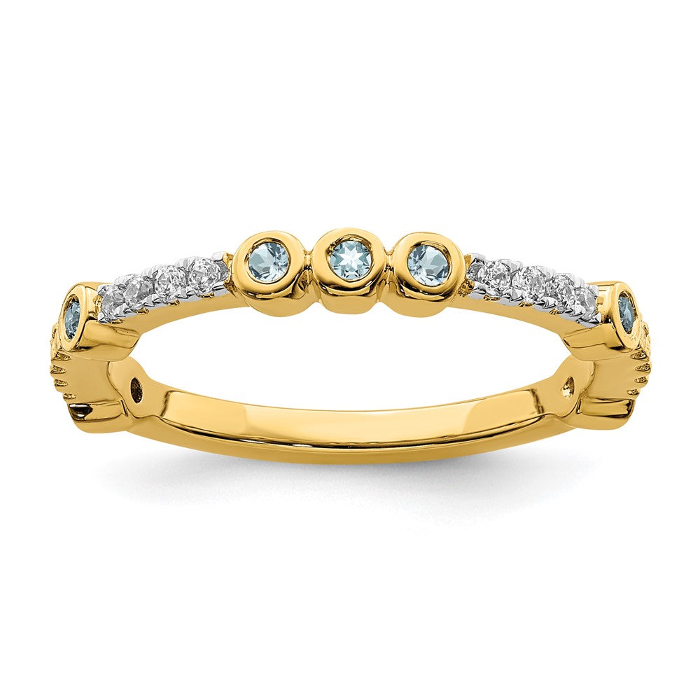 2mm 14k Yellow Gold Aquamarine & .08 Ctw Diamond Stackable Band, Item R11373 by The Black Bow Jewelry Co.