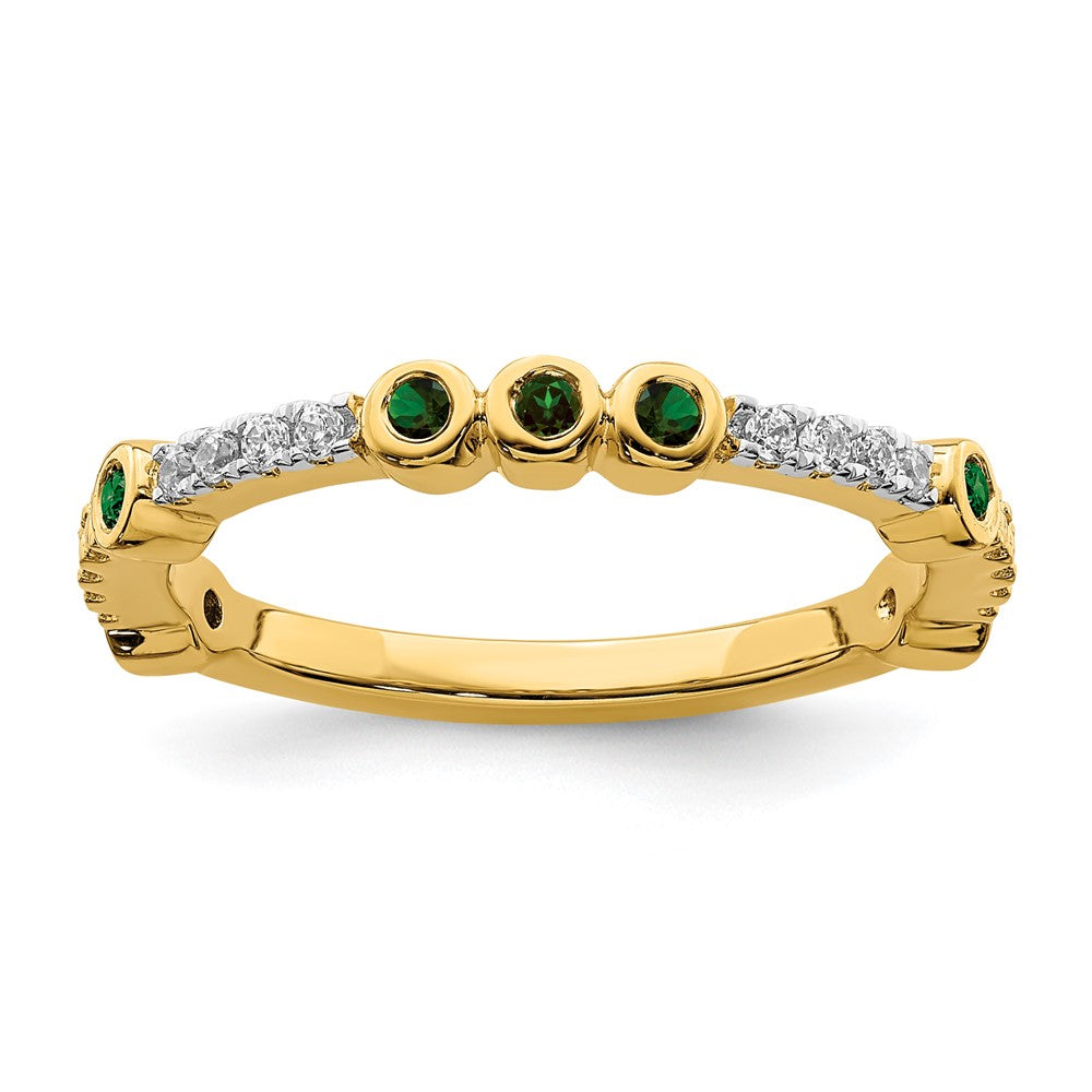 2mm 14k Yellow Gold Created Emerald & .08 Ctw Diamond Stackable Band, Item R11375 by The Black Bow Jewelry Co.