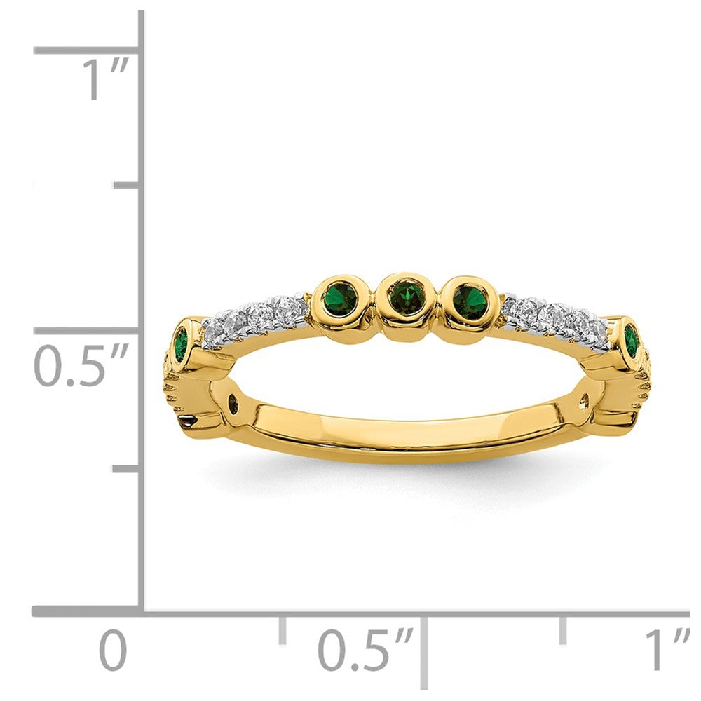 Alternate view of the 2mm 14k Yellow Gold Created Emerald & .08 Ctw Diamond Stackable Band by The Black Bow Jewelry Co.