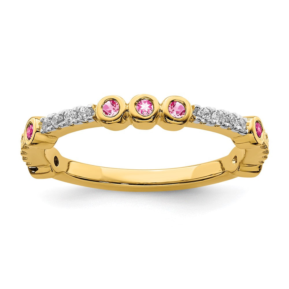 2mm 14k Yellow Gold Pink Tourmaline & .08 Ctw Diamond Stackable Band, Item R11380 by The Black Bow Jewelry Co.