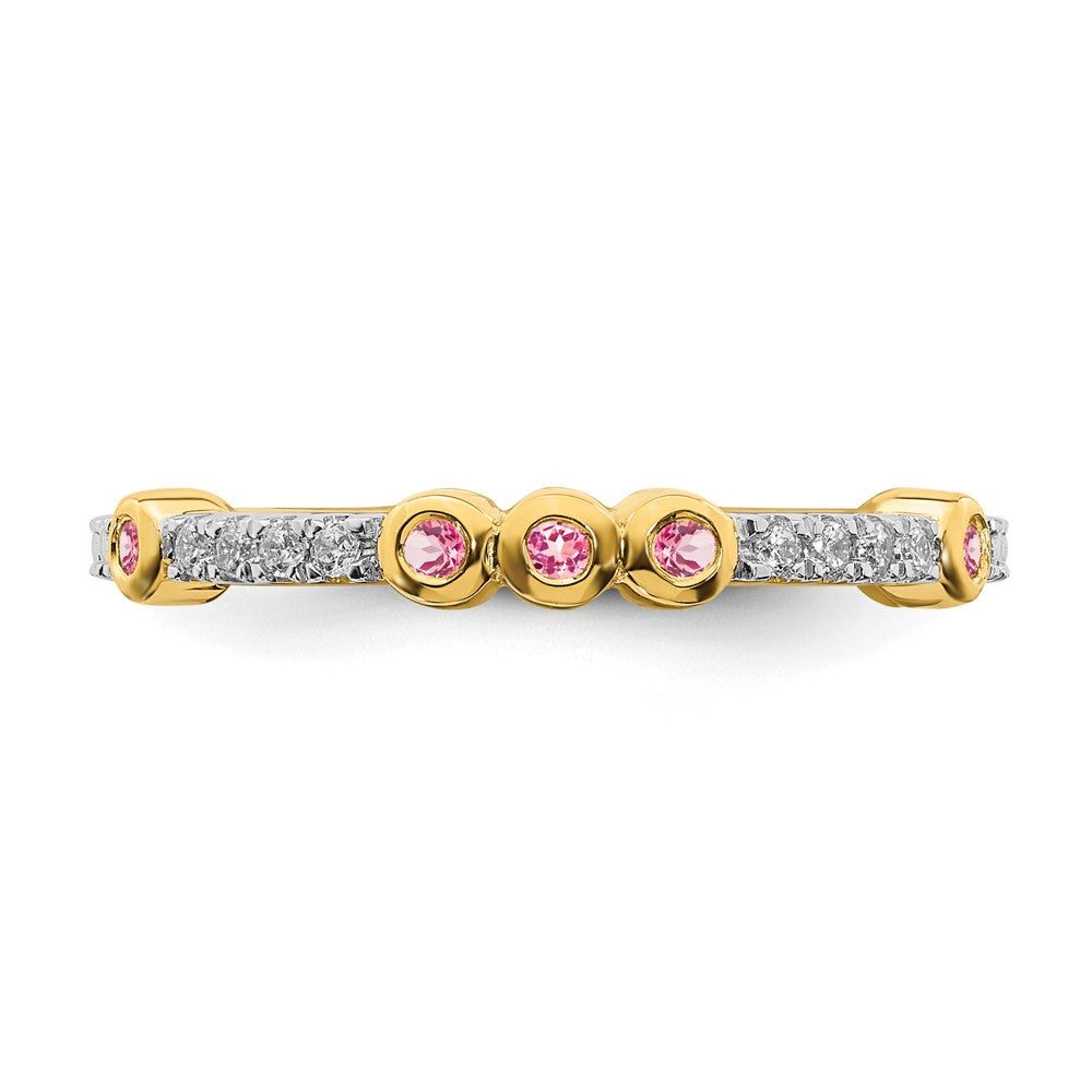 Alternate view of the 2mm 14k Yellow Gold Pink Tourmaline & .08 Ctw Diamond Stack Band, Sz 5 by The Black Bow Jewelry Co.