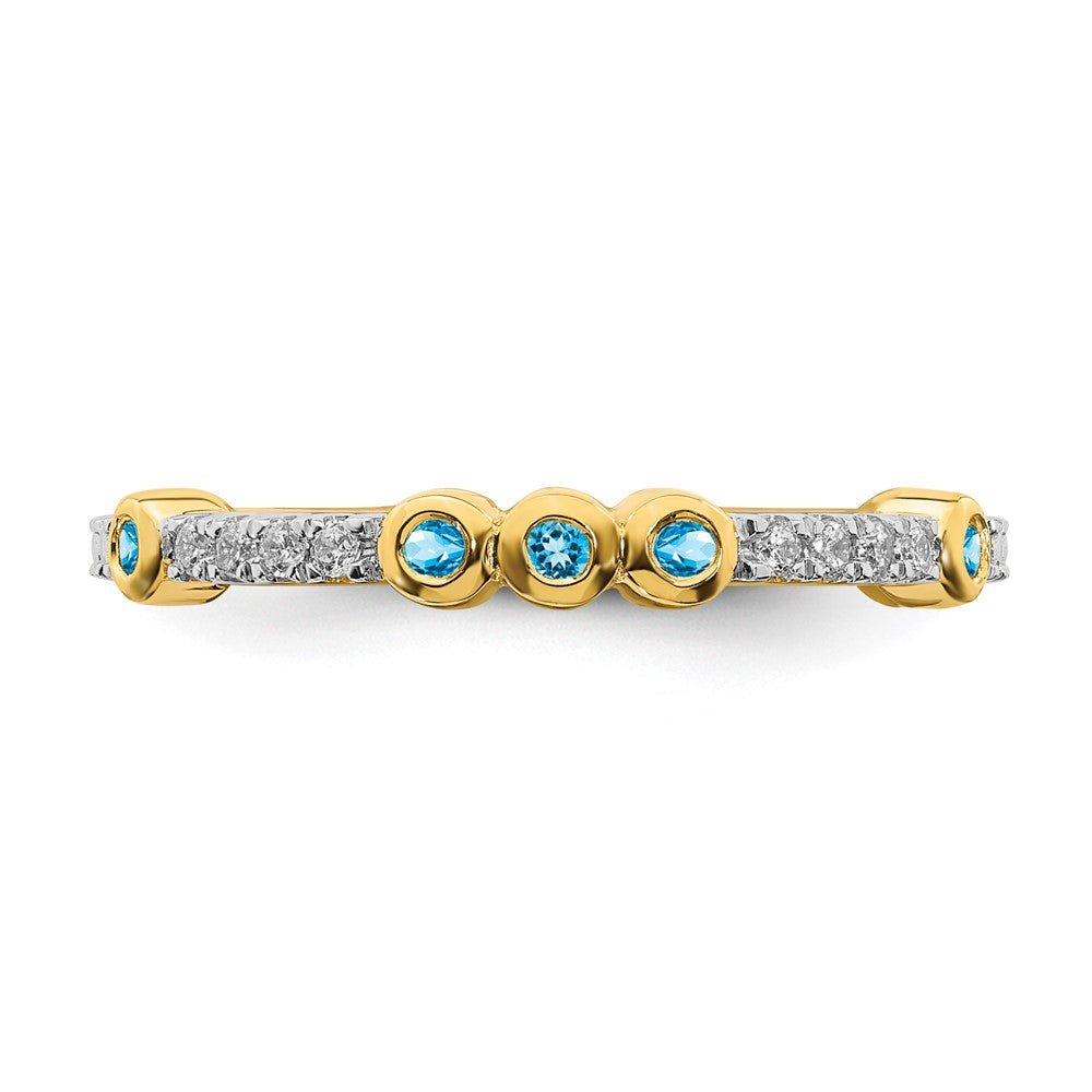 Alternate view of the 2mm 14k Yellow Gold Blue Topaz & .08 Ctw Diamond Stackable Band by The Black Bow Jewelry Co.