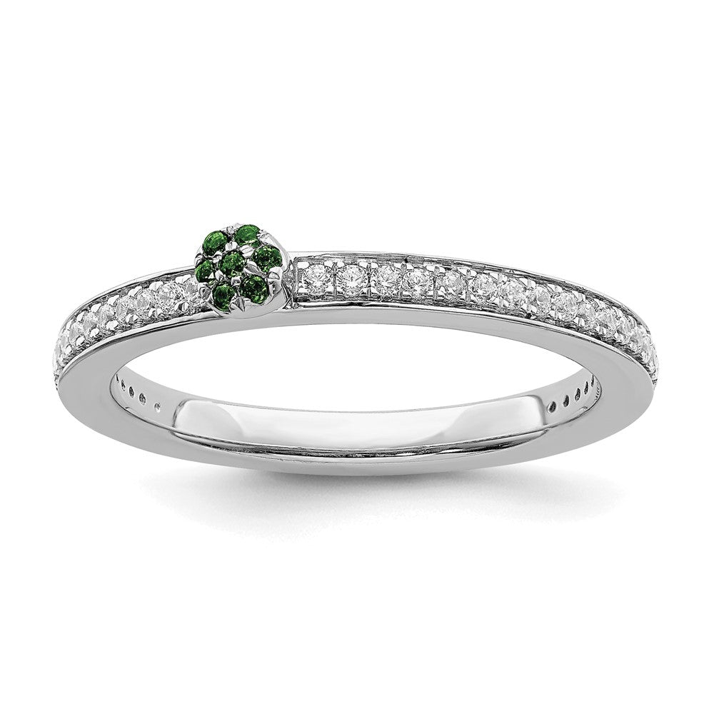 14k White Gold, Created Emerald & 1/8 Ctw Diamond Stackable Ring, Item R11387 by The Black Bow Jewelry Co.