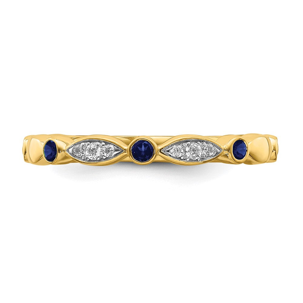 Alternate view of the 14k Yellow Gold Created Sapphire & .05 Ctw Diamond Stackable Band by The Black Bow Jewelry Co.
