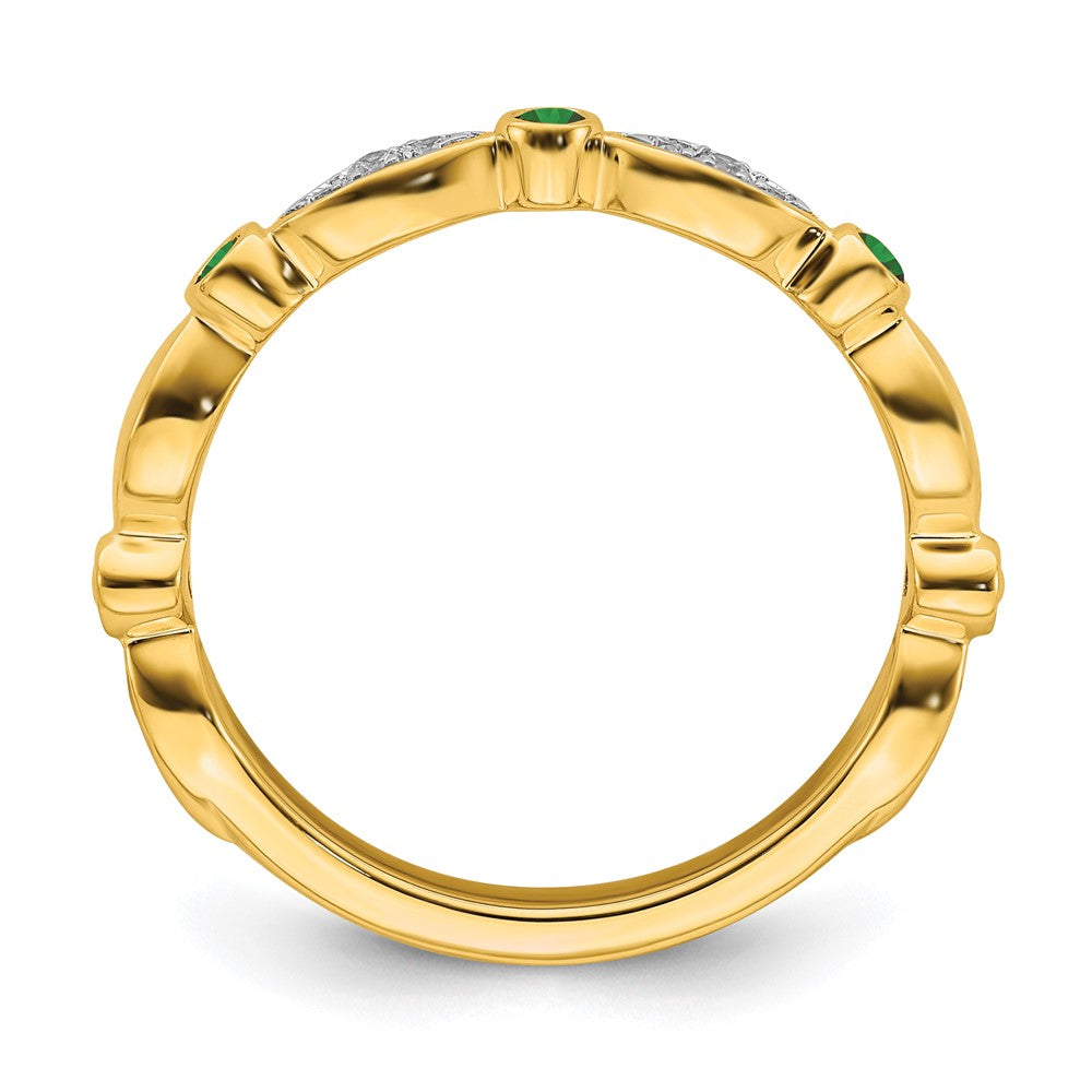 Alternate view of the 14k Yellow Gold Created Emerald & .05 Ctw Diamond Stackable Band by The Black Bow Jewelry Co.