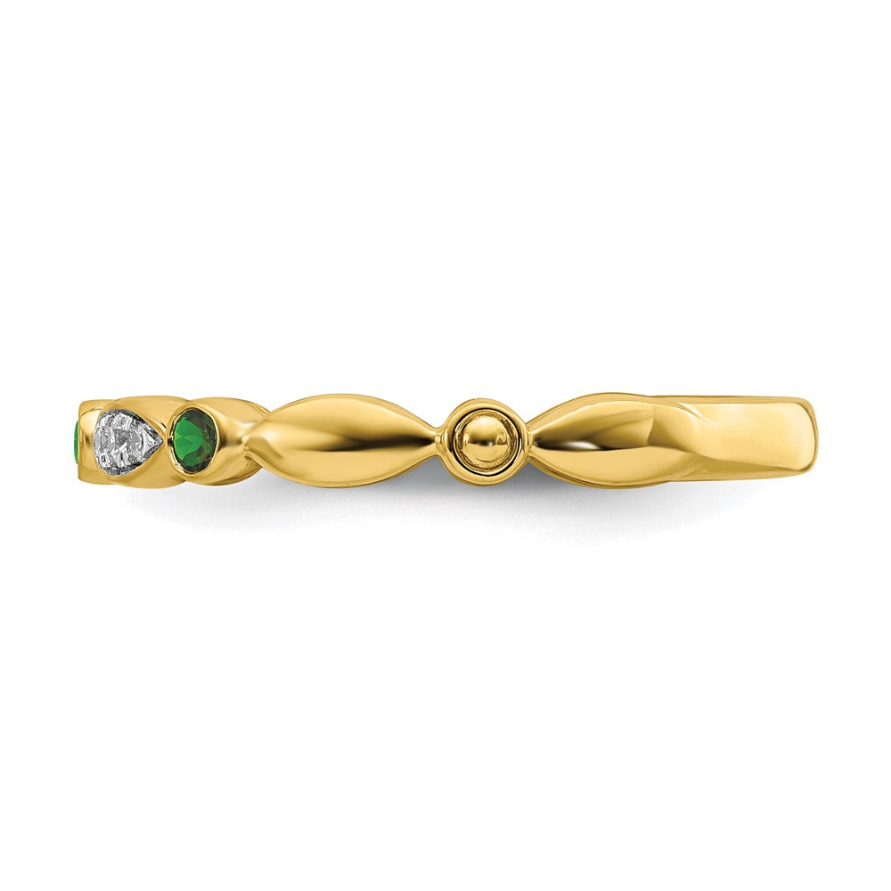 Alternate view of the 14k Yellow Gold Created Emerald & .05 Ctw Diamond Stackable Band by The Black Bow Jewelry Co.