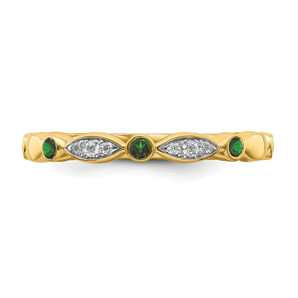 Alternate view of the 14k Yellow Gold Created Emerald & .05 Ctw Diamond Stackable Band by The Black Bow Jewelry Co.