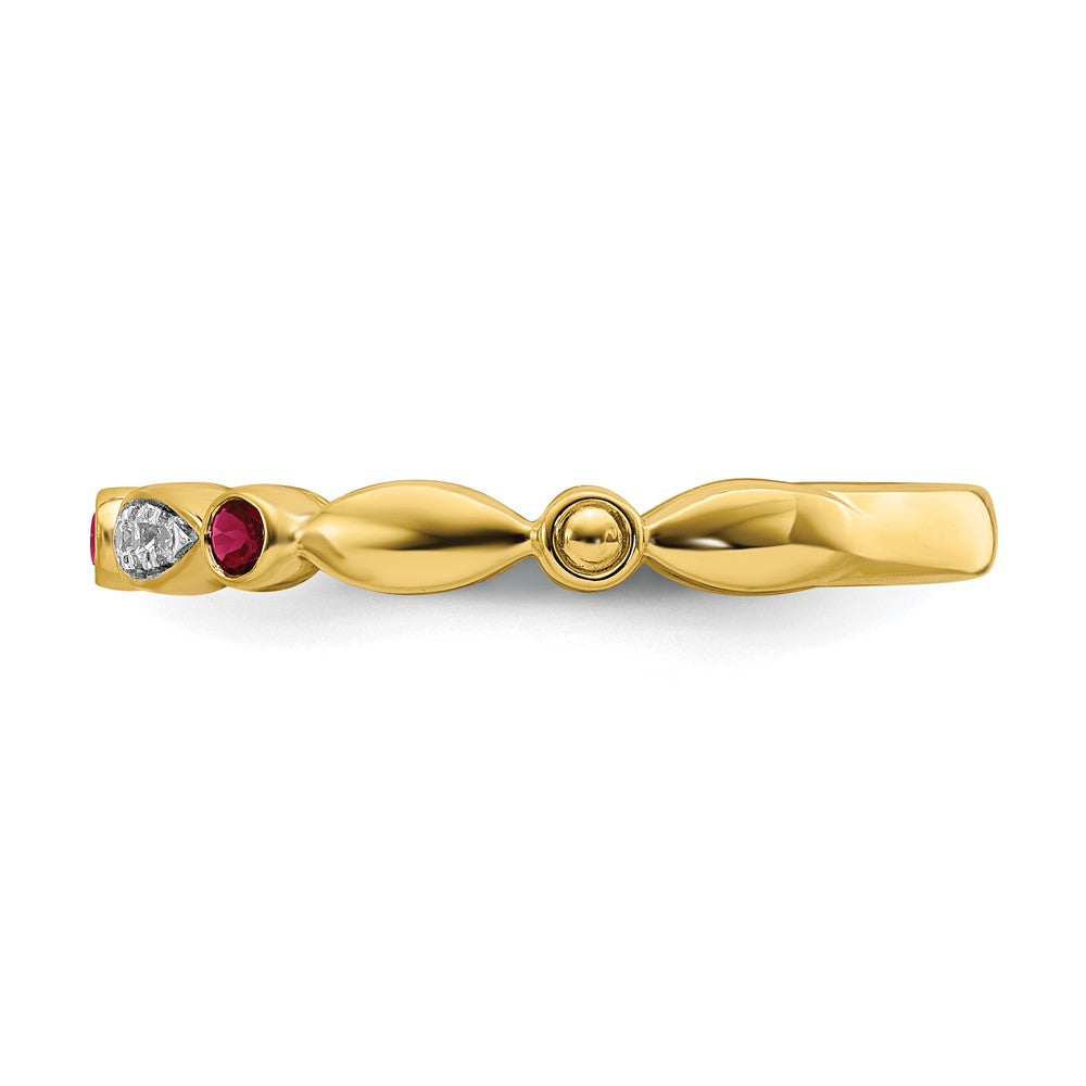 Alternate view of the 14k Yellow Gold Created Ruby & .05 Ctw Diamond Stackable Band, Size 5 by The Black Bow Jewelry Co.