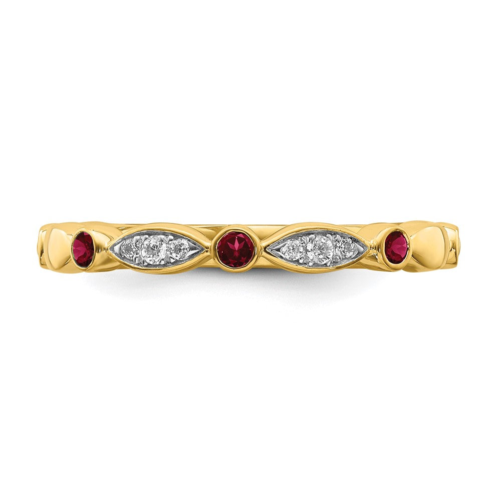 Alternate view of the 14k Yellow Gold Created Ruby & .05 Ctw Diamond Stackable Band by The Black Bow Jewelry Co.