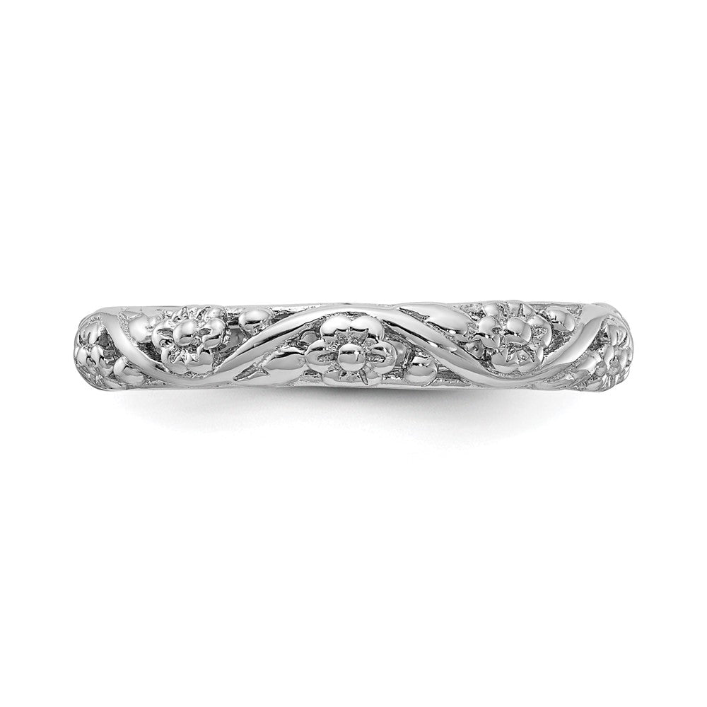 Alternate view of the 3.5mm Sterling Silver Rhodium Plated Stackable Floral Band by The Black Bow Jewelry Co.