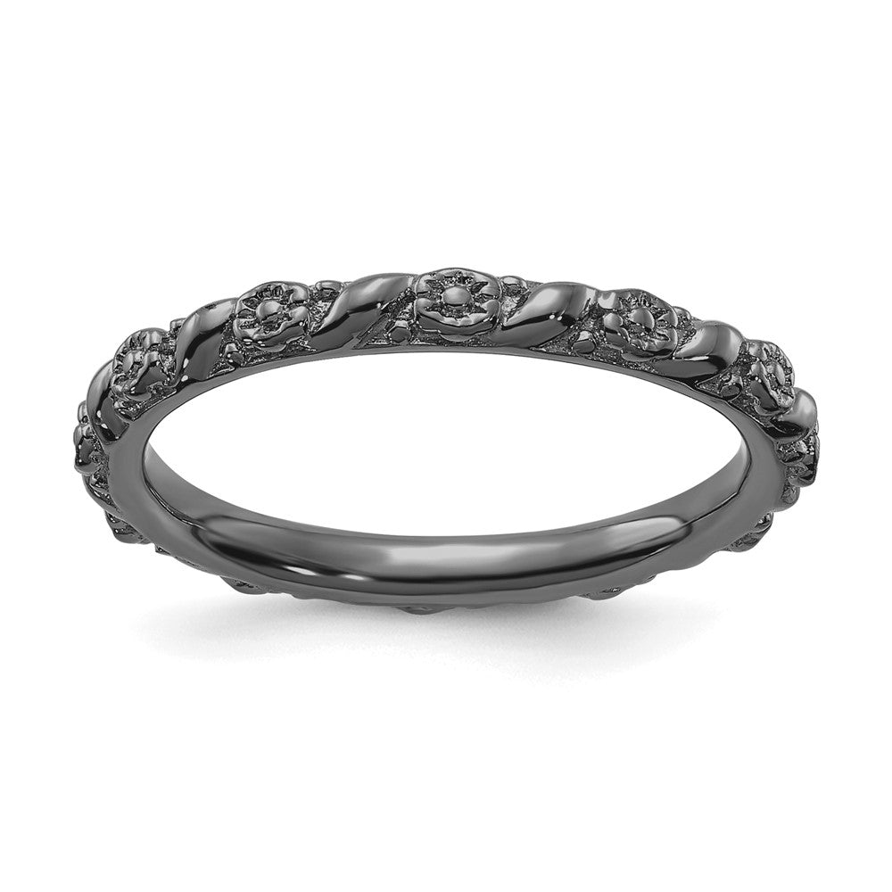 2mm Sterling Silver Black Ruthenium Plated Stackable Flower Band, Item R11450 by The Black Bow Jewelry Co.