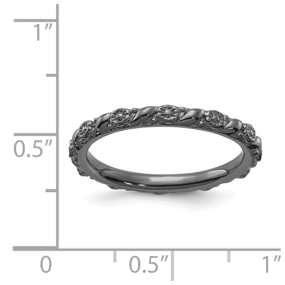 Alternate view of the 2mm Sterling Silver Black Ruthenium Plated Stackable Flower Band by The Black Bow Jewelry Co.