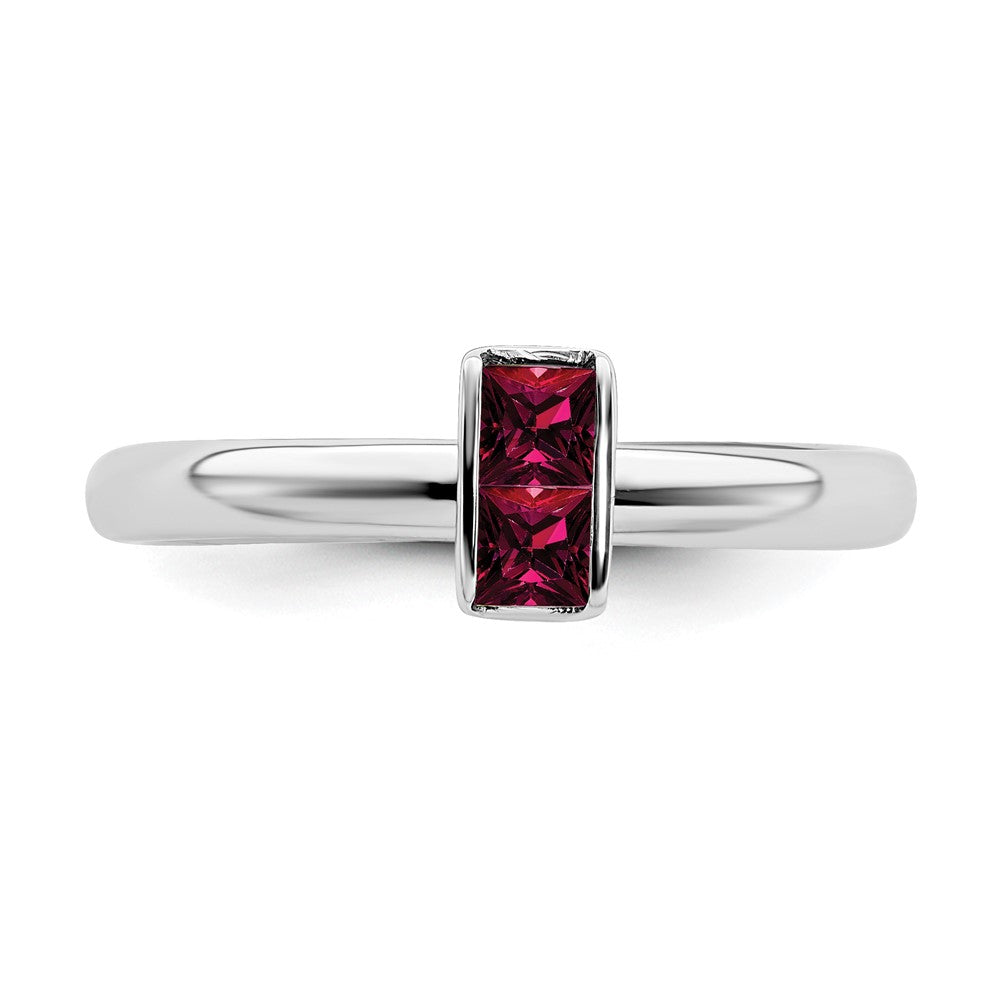 Alternate view of the Sterling Silver Lab Created Ruby 2 Stone Bar Stackable Ring, Size 5 by The Black Bow Jewelry Co.