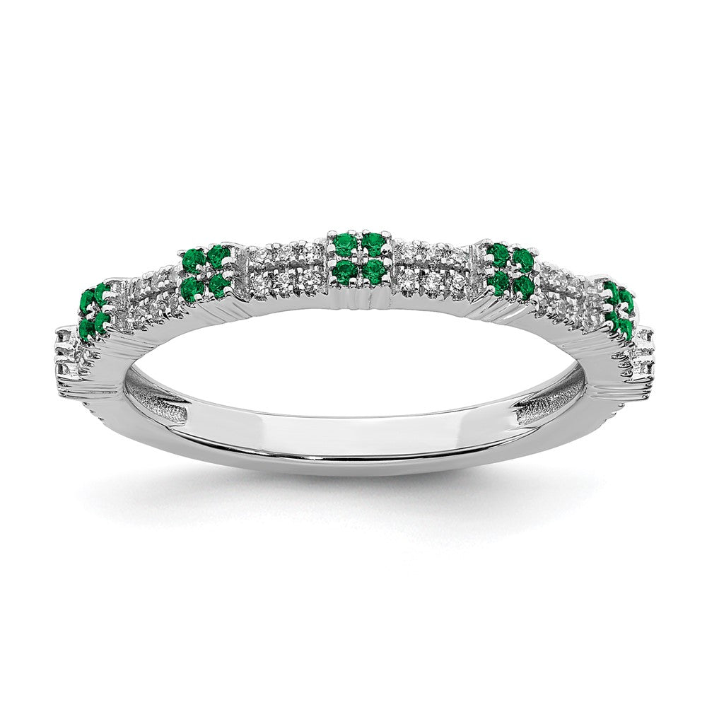 2.5mm Rhodium Sterling Silver, Created Emerald &amp; Diamond Stack Band, Item R11494 by The Black Bow Jewelry Co.