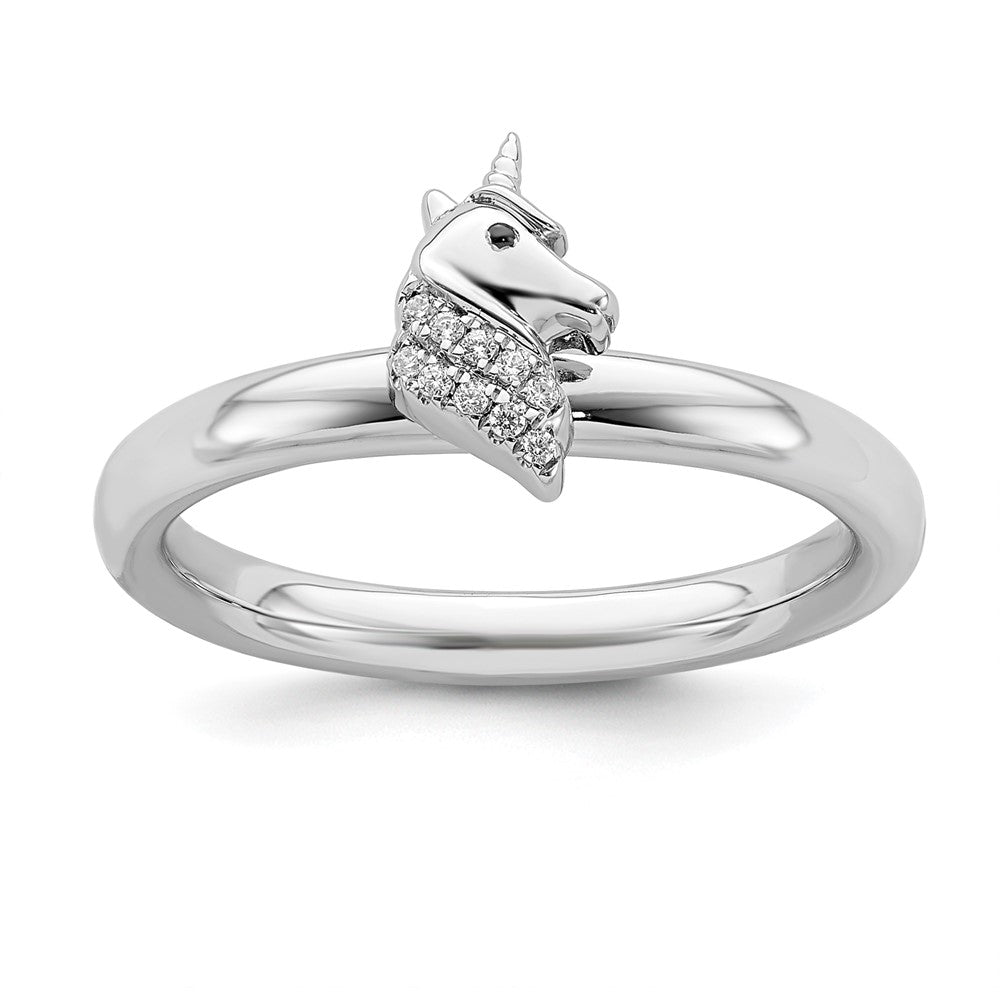 Rhodium Plated Sterling Silver & Diamond Stackable Unicorn Ring, Item R11507 by The Black Bow Jewelry Co.