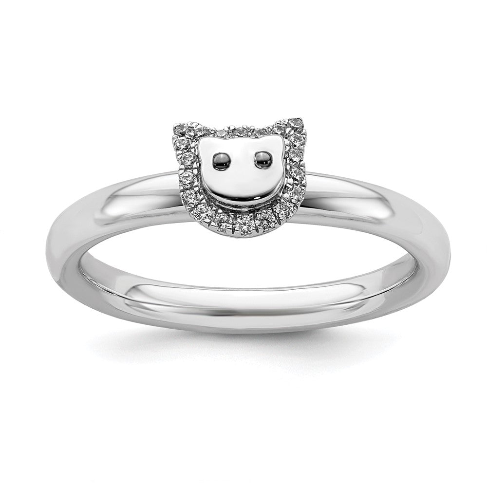 Rhodium Plated Sterling Silver & Diamond Stackable Cat Ring, Item R11513 by The Black Bow Jewelry Co.