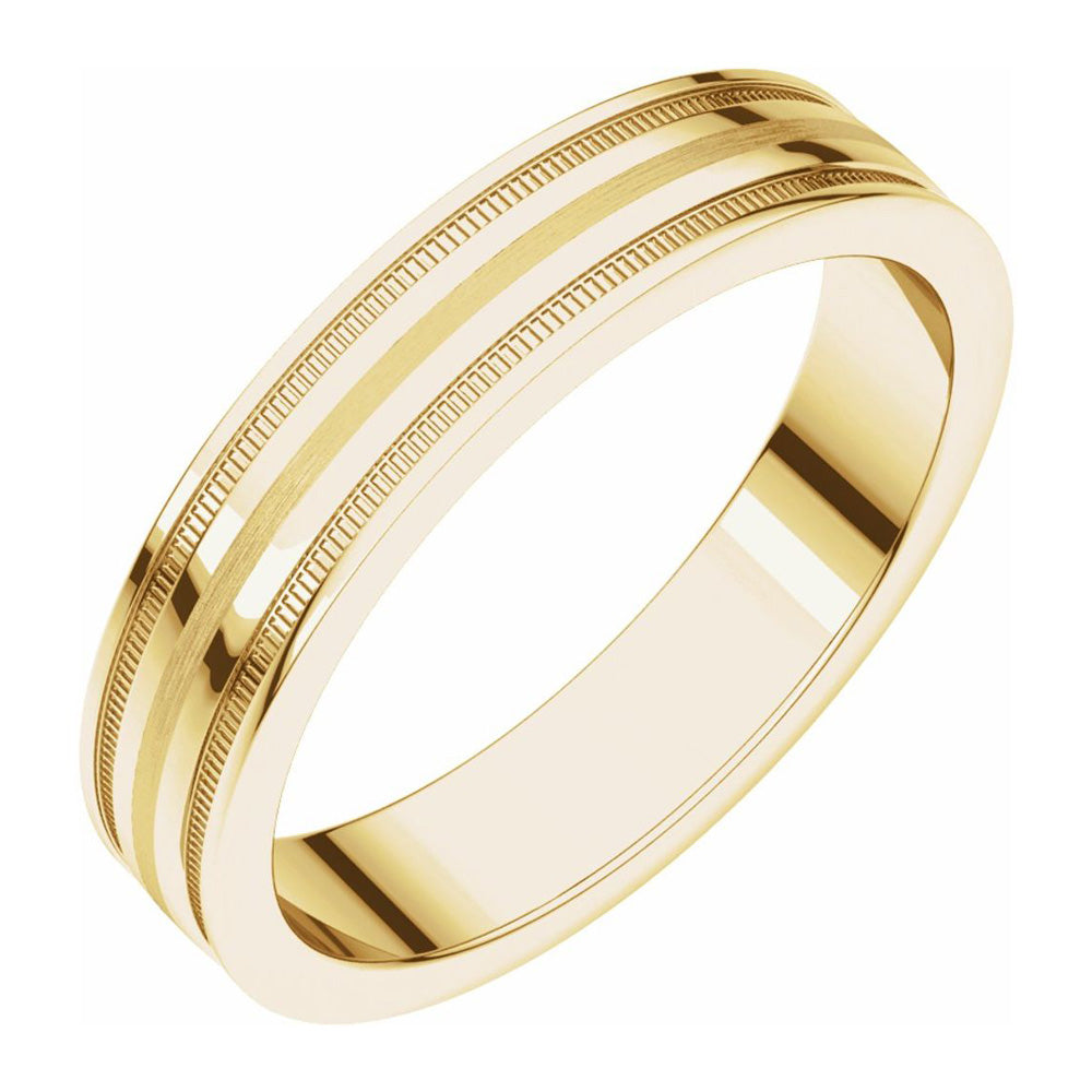 4mm 14K Yellow Gold Flat Edge Satin Center Milgrain Comfort Fit Band, Item R11543 by The Black Bow Jewelry Co.