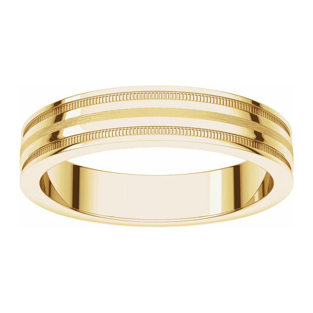 Alternate view of the 4mm 14K Yellow Gold Flat Edge Satin Center Milgrain Comfort Fit Band by The Black Bow Jewelry Co.