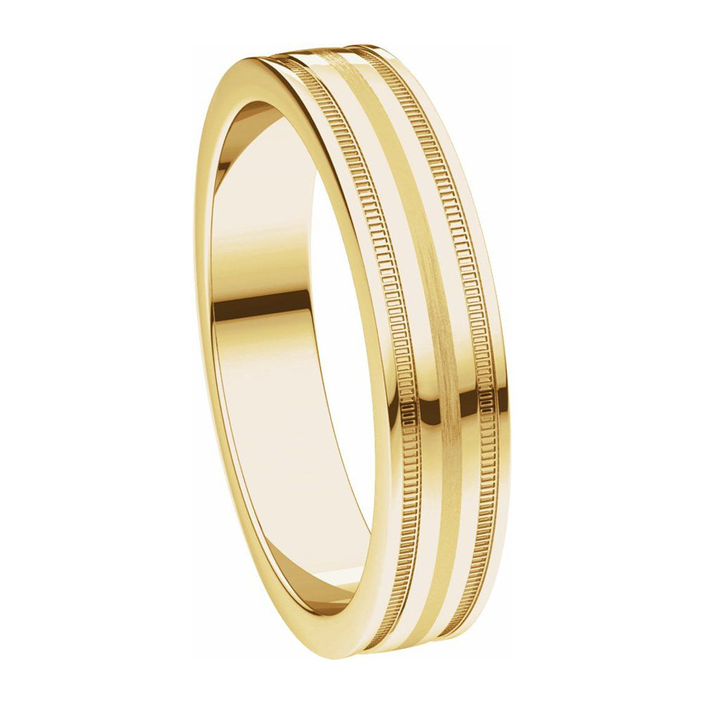 Alternate view of the 4mm 14K Yellow Gold Flat Edge Satin Center Milgrain Comfort Fit Band by The Black Bow Jewelry Co.