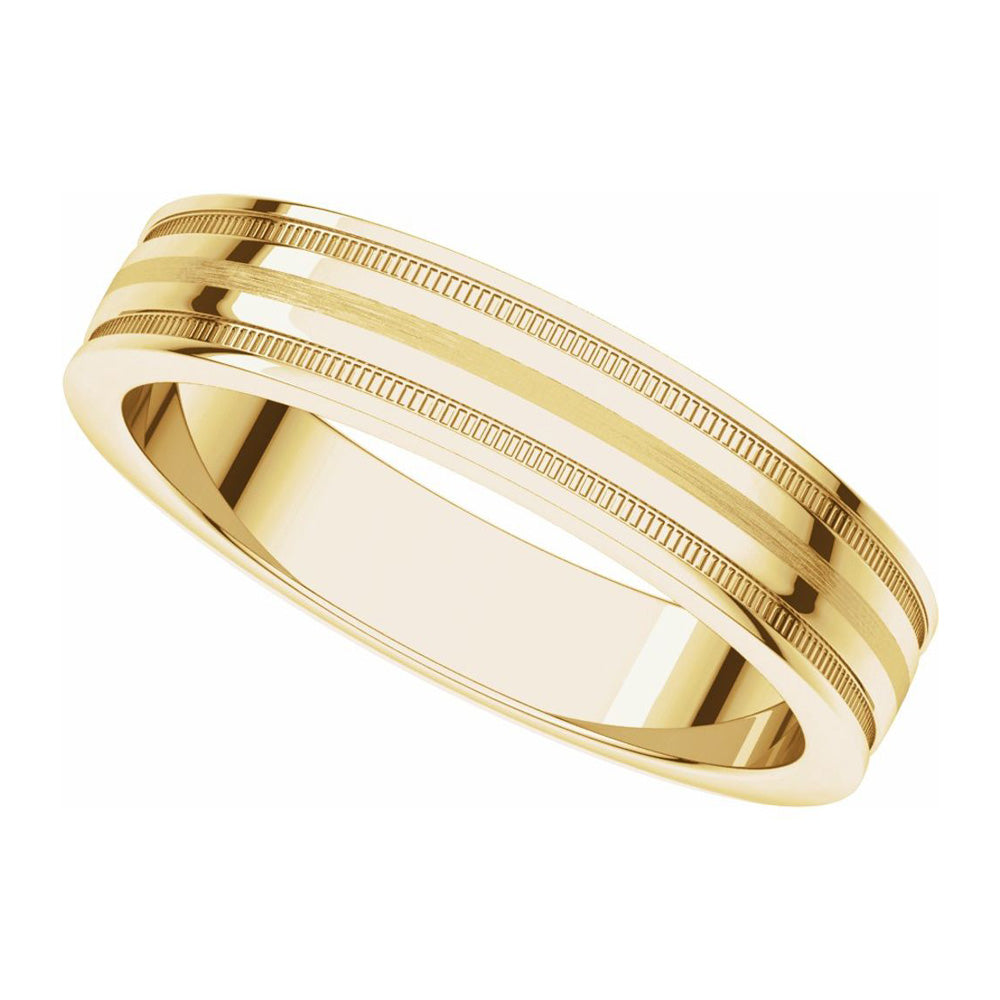 Alternate view of the 4mm 14K Yellow Gold Flat Edge Satin Center Milgrain Comfort Fit Band by The Black Bow Jewelry Co.