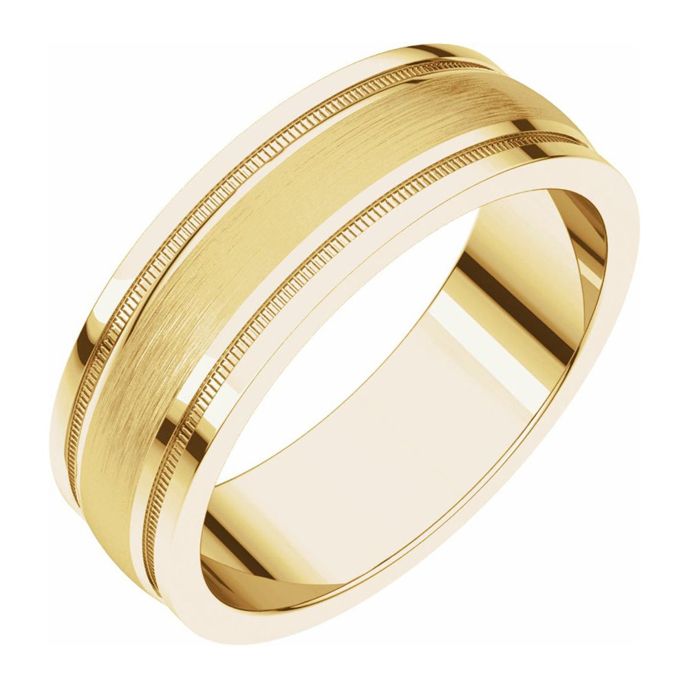 8mm 14K Yellow Gold Flat Edge Satin Center Milgrain Comfort Fit Band, Item R11545 by The Black Bow Jewelry Co.