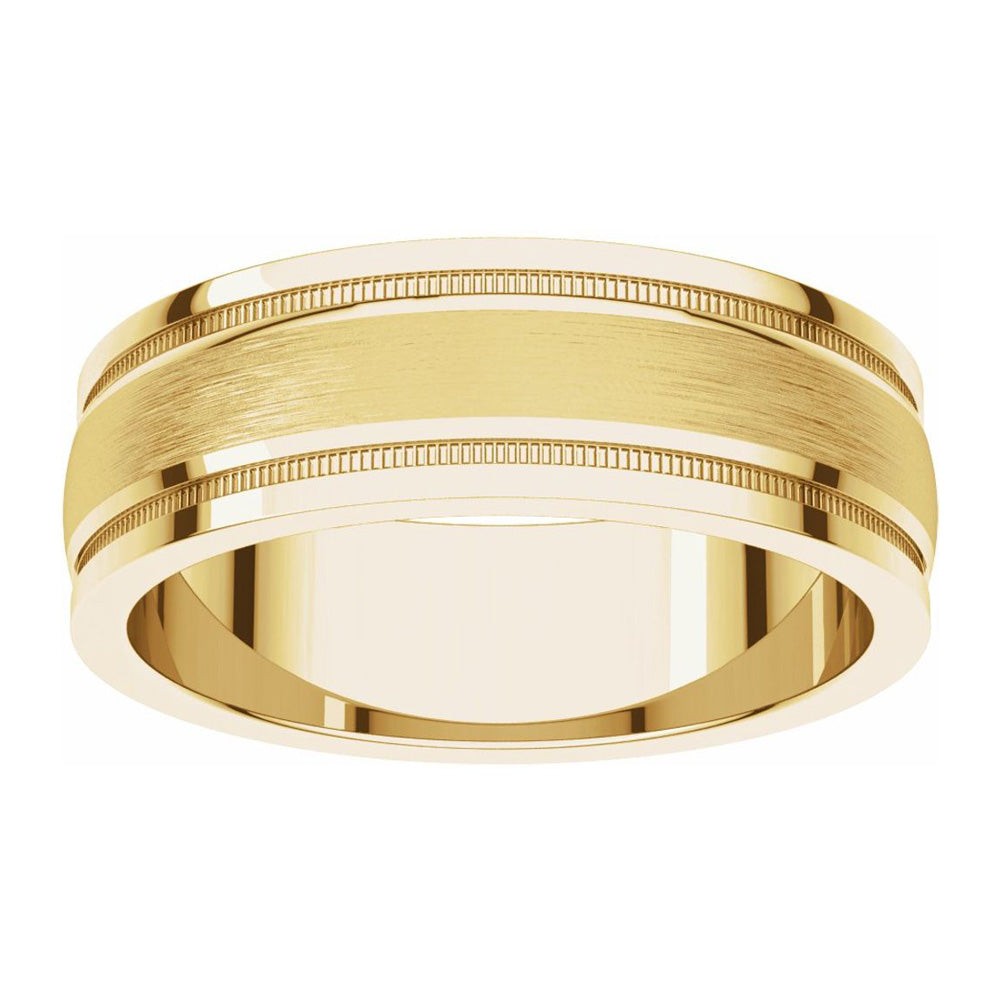 Alternate view of the 8mm 14K Yellow Gold Flat Edge Satin Center Milgrain Comfort Fit Band by The Black Bow Jewelry Co.