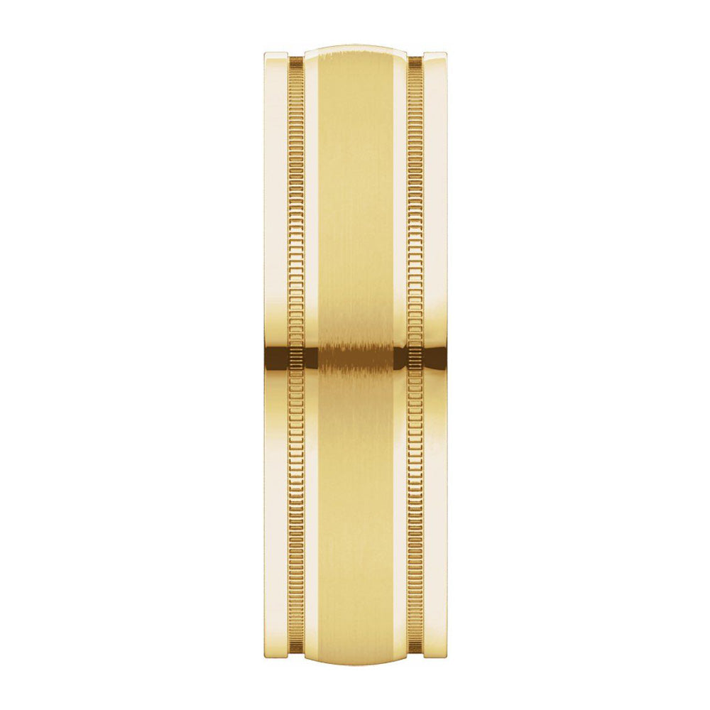 Alternate view of the 8mm 14K Yellow Gold Flat Edge Satin Center Milgrain Comfort Fit Band by The Black Bow Jewelry Co.