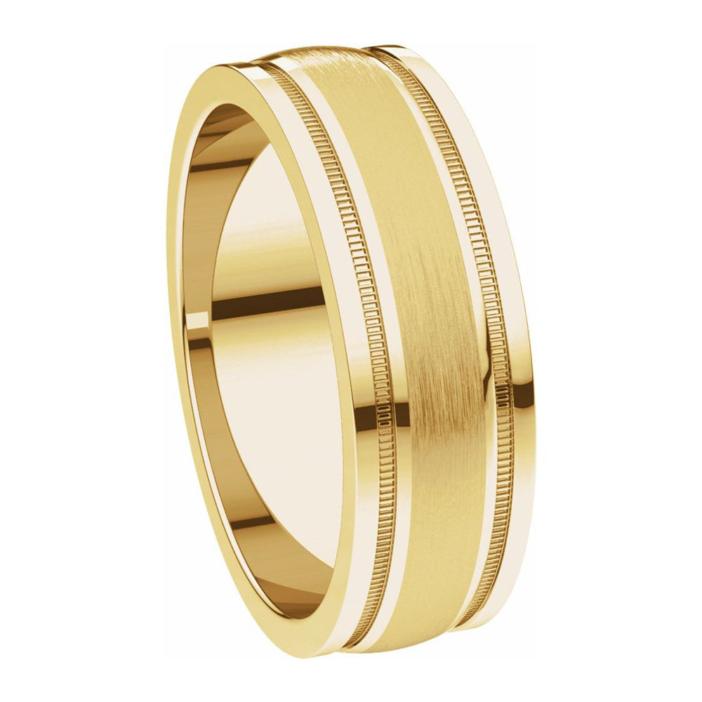 Alternate view of the 8mm 14K Yellow Gold Flat Edge Satin Center Milgrain Comfort Fit Band by The Black Bow Jewelry Co.