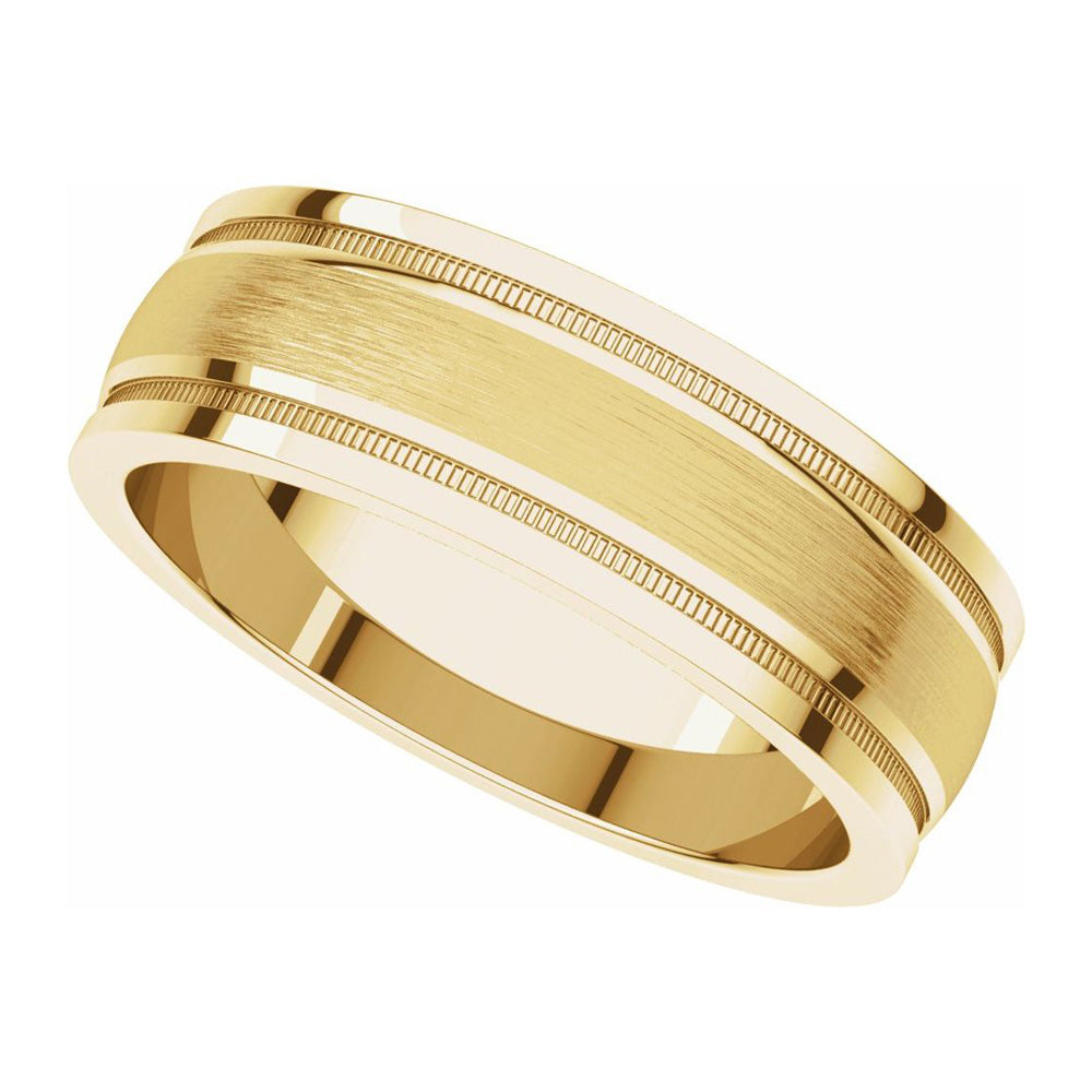 Alternate view of the 8mm 14K Yellow Gold Flat Edge Satin Center Milgrain Comfort Fit Band by The Black Bow Jewelry Co.