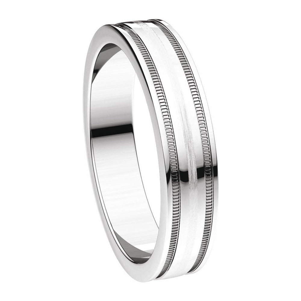 Alternate view of the 4mm Continuum Sterling Silver Flat Milgrain Satin Comfort Fit Band by The Black Bow Jewelry Co.