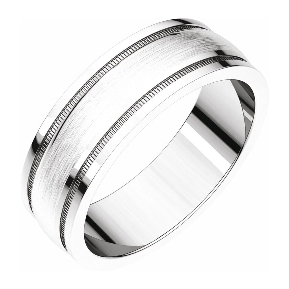 8mm Continuum Sterling Silver Flat Milgrain Satin Comfort Fit Band, Item R11548 by The Black Bow Jewelry Co.