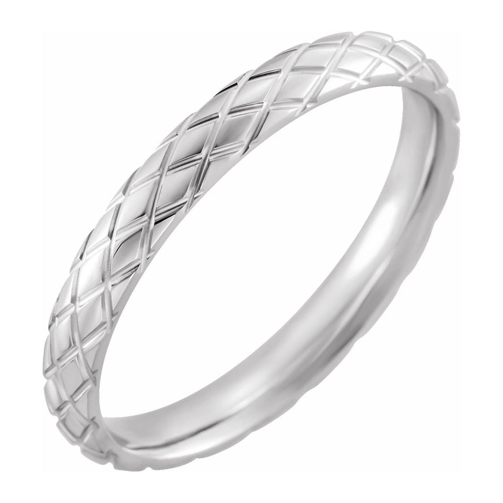 3mm 14K White Gold Crisscross Patterned Comfort Fit Band, Item R11553 by The Black Bow Jewelry Co.