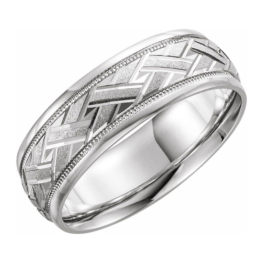 7mm 14K White Gold Woven Design Comfort Fit Band, Item R11580 by The Black Bow Jewelry Co.