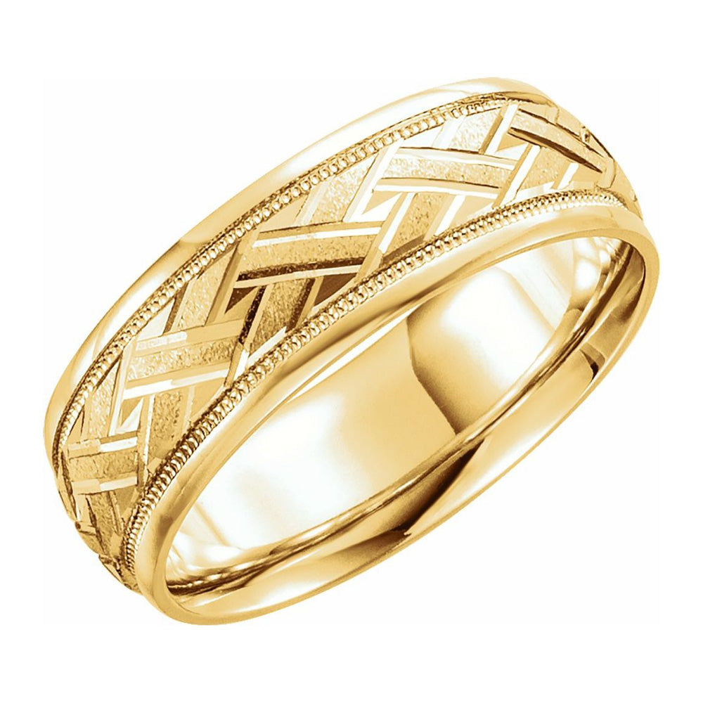 7mm 14K Yellow Gold Woven Design Comfort Fit Band, Item R11581 by The Black Bow Jewelry Co.