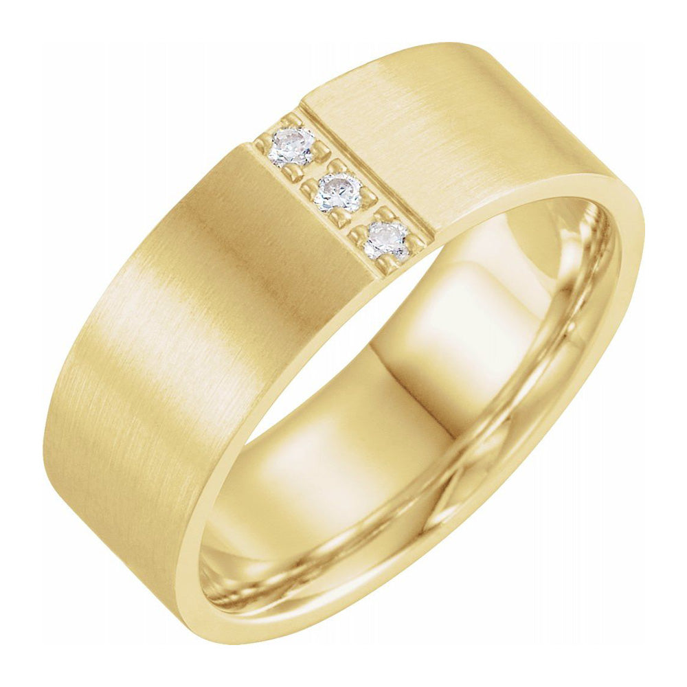 8mm 14K Yellow Gold 1/10 CTW Diamond Satin Comfort Fit Flat Band, Item R11622 by The Black Bow Jewelry Co.
