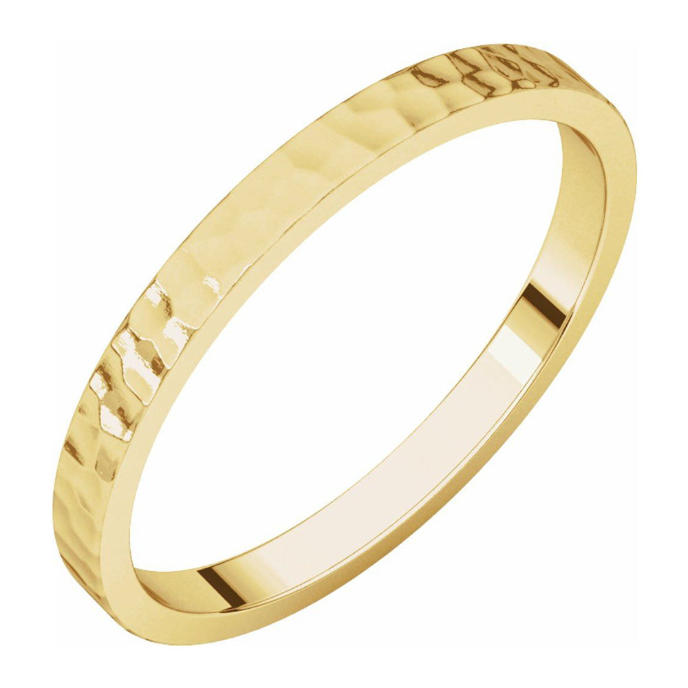 2mm 14K Yellow Gold Hammered Flat Standard Fit Band, Item R11663 by The Black Bow Jewelry Co.