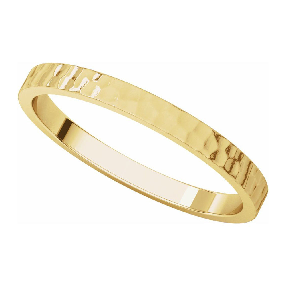 Alternate view of the 2mm 14K Yellow Gold Hammered Flat Standard Fit Band by The Black Bow Jewelry Co.
