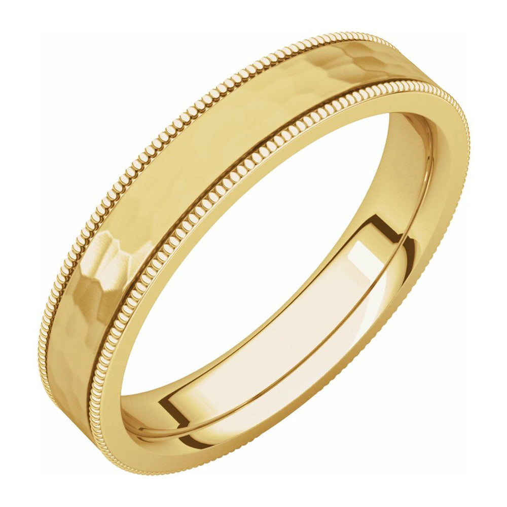 4mm 14K Yellow Gold Milgrain Hammered Flat Comfort Fit Band, Item R11669 by The Black Bow Jewelry Co.