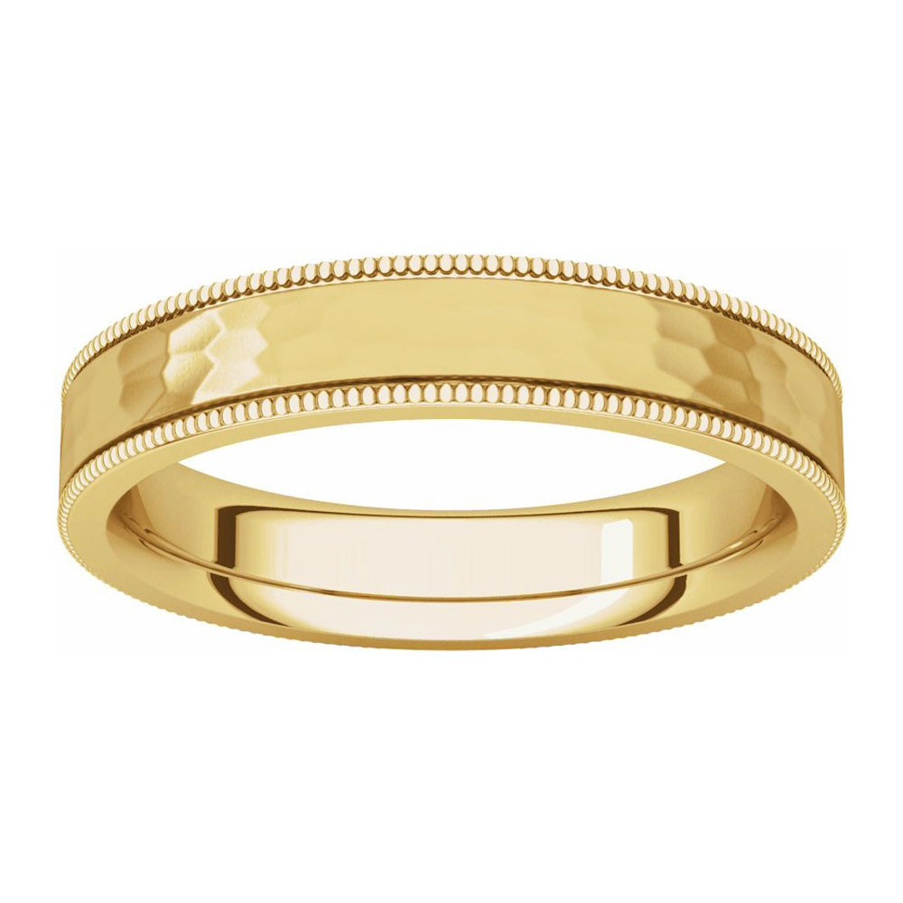Alternate view of the 4mm 14K Yellow Gold Milgrain Hammered Flat Comfort Fit Band by The Black Bow Jewelry Co.