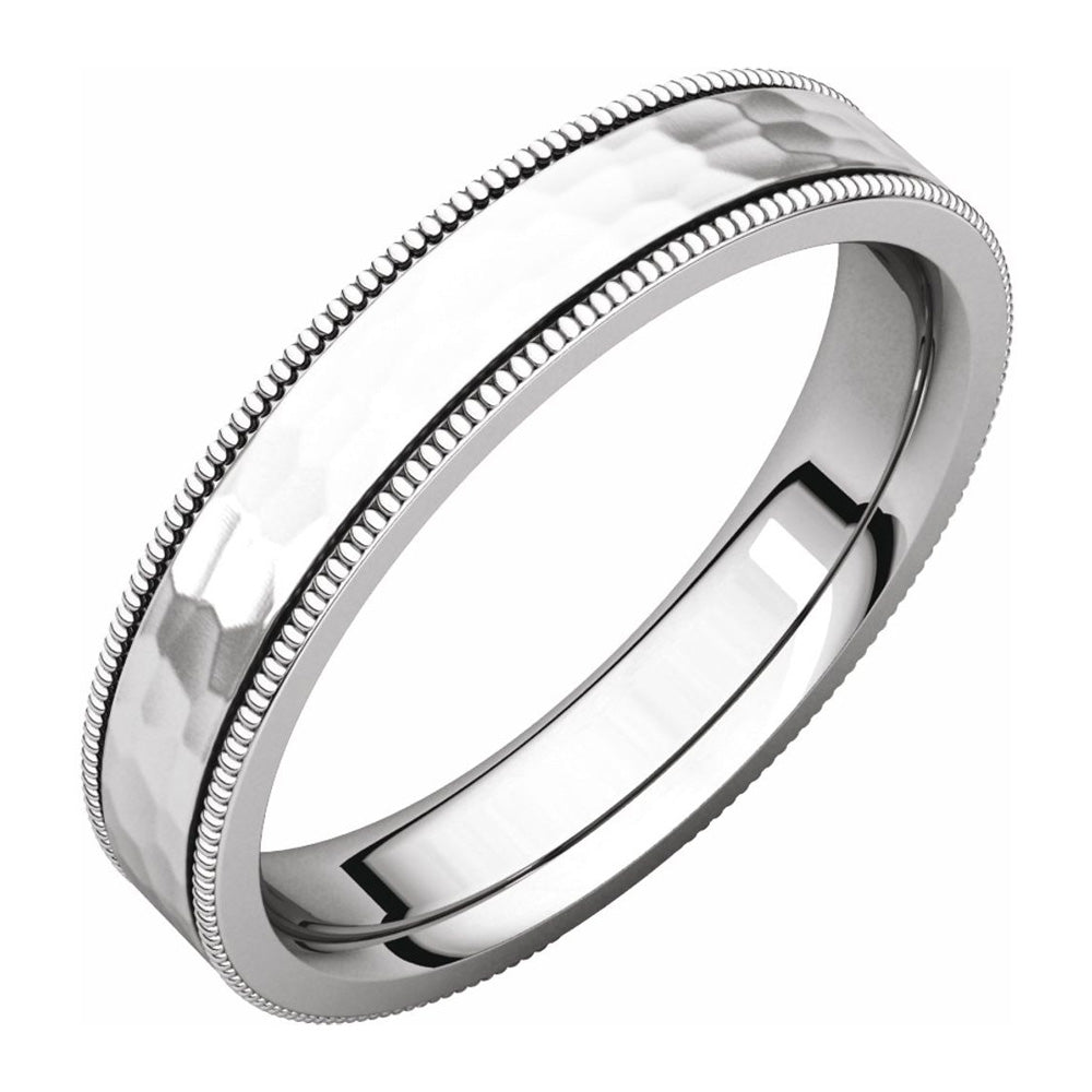 4mm 14K White Gold Milgrain Hammered Flat Comfort Fit Band, Item R11670 by The Black Bow Jewelry Co.