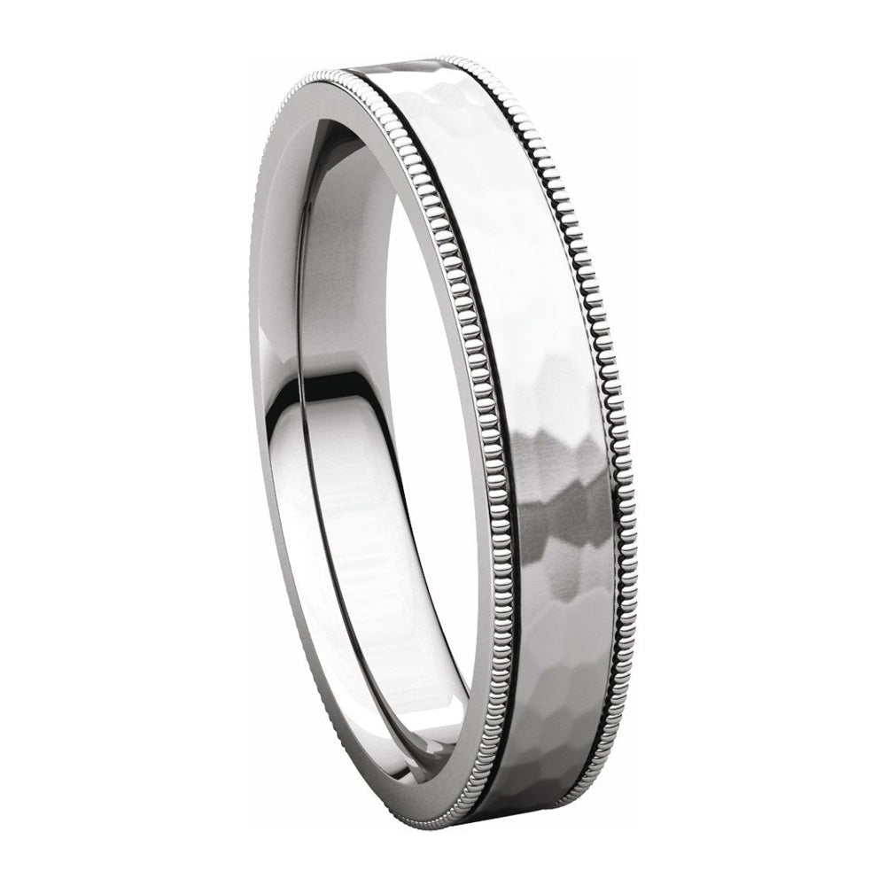 Alternate view of the 4mm 14K White Gold Milgrain Hammered Flat Comfort Fit Band by The Black Bow Jewelry Co.