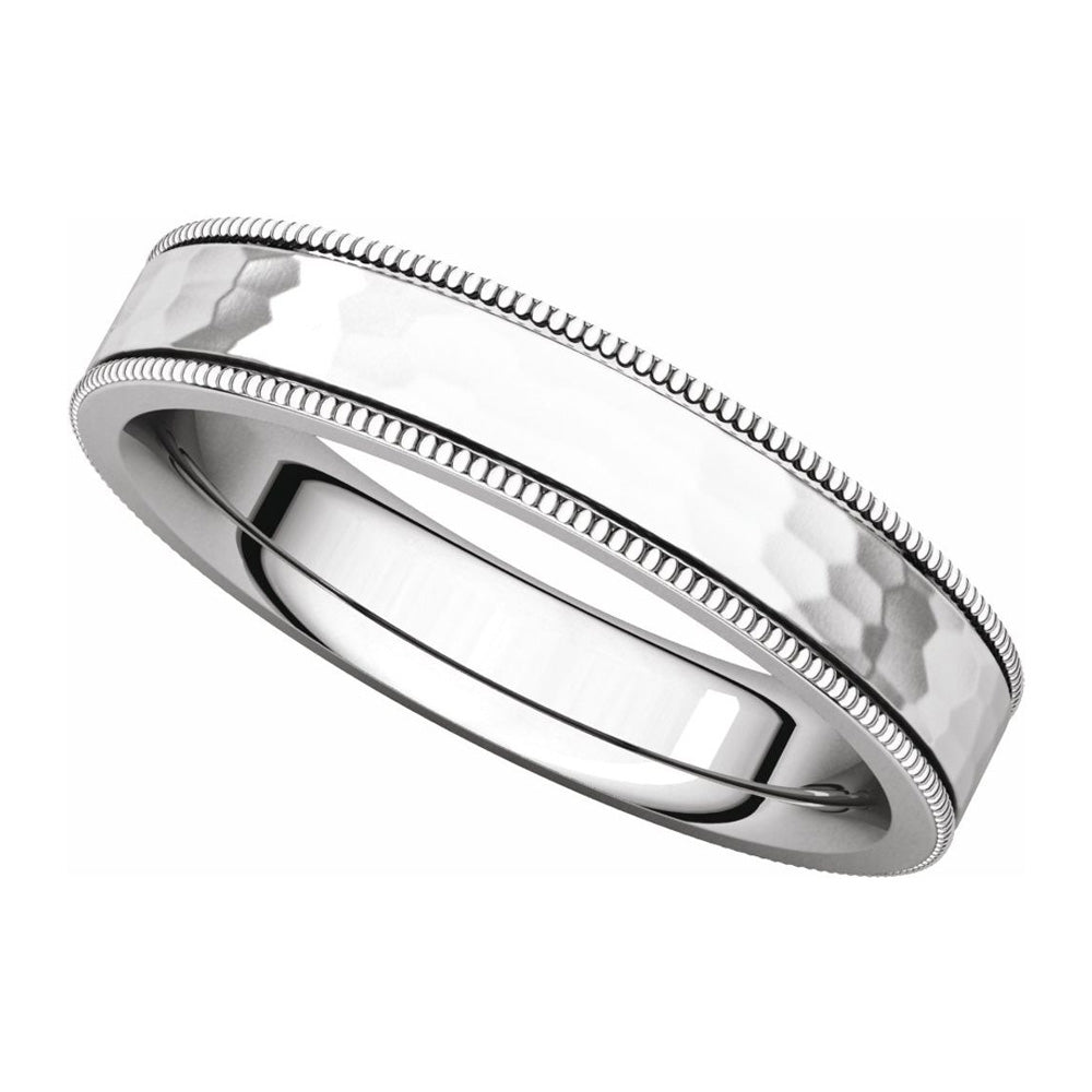 Alternate view of the 4mm 14K White Gold Milgrain Hammered Flat Comfort Fit Band by The Black Bow Jewelry Co.