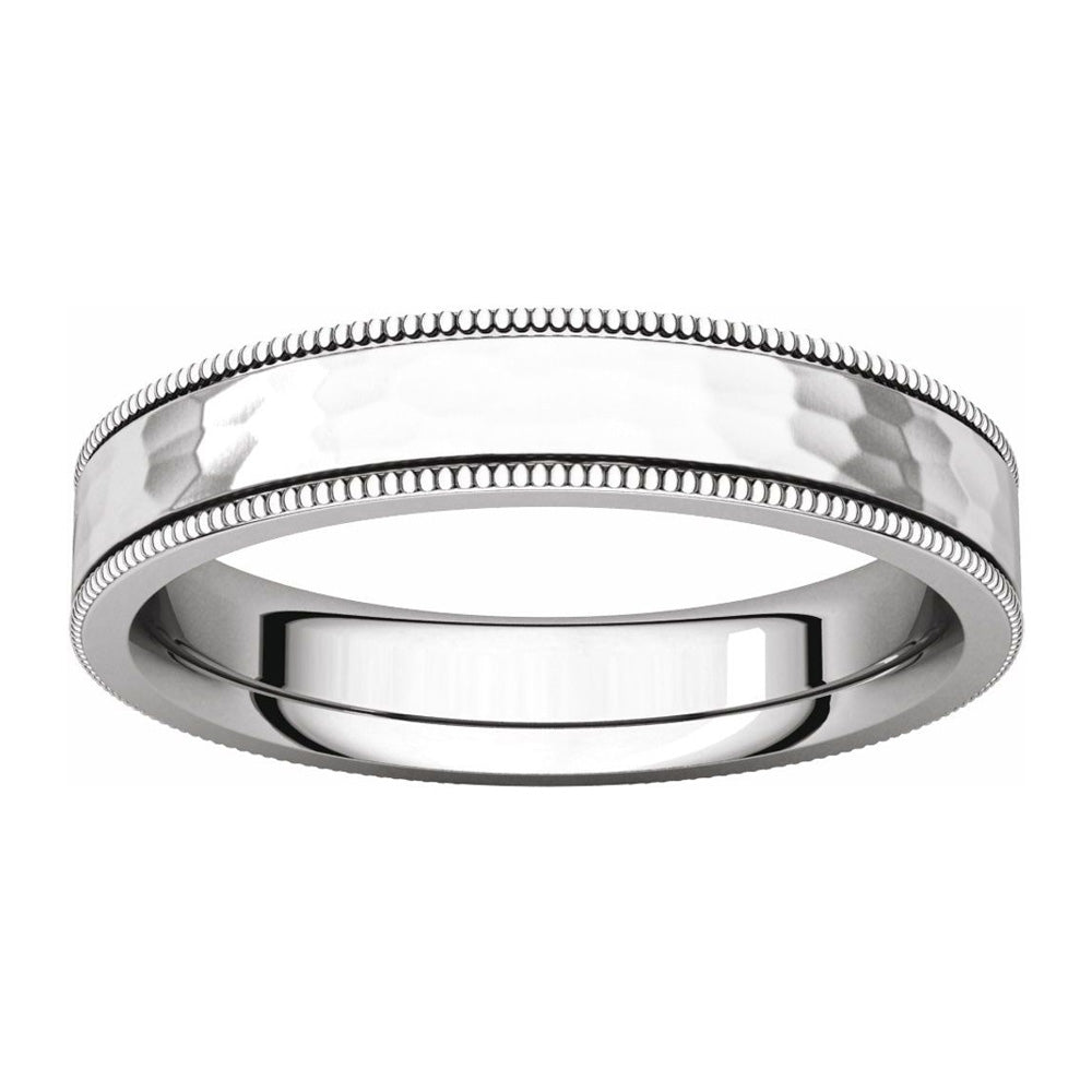 Alternate view of the 4mm Platinum Milgrain Hammered Flat Comfort Fit Band by The Black Bow Jewelry Co.
