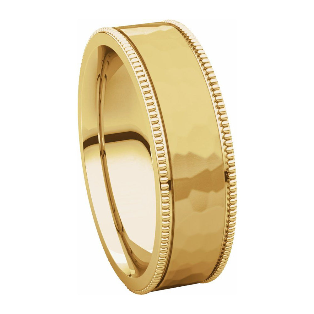 Alternate view of the 6mm 14K Yellow Gold Milgrain Hammered Flat Comfort Fit Band by The Black Bow Jewelry Co.