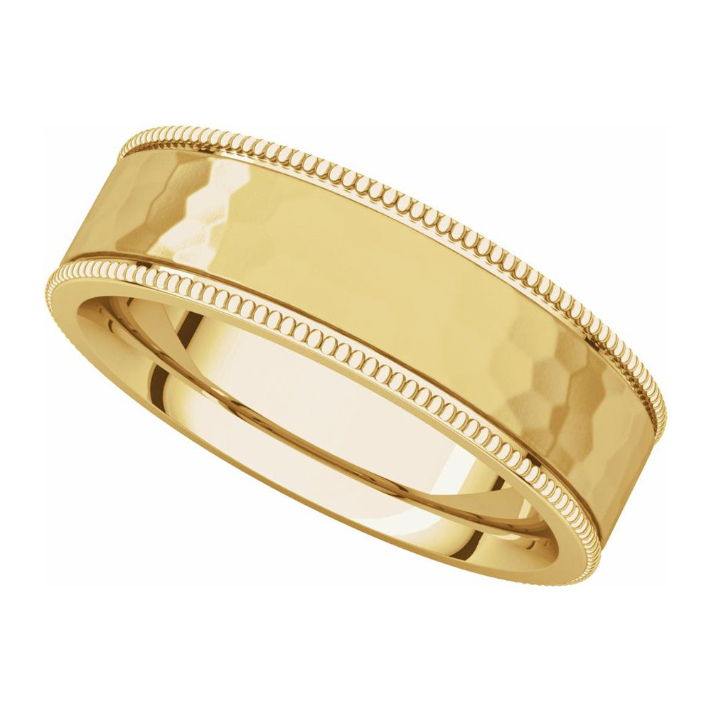 Alternate view of the 6mm 14K Yellow Gold Milgrain Hammered Flat Comfort Fit Band by The Black Bow Jewelry Co.