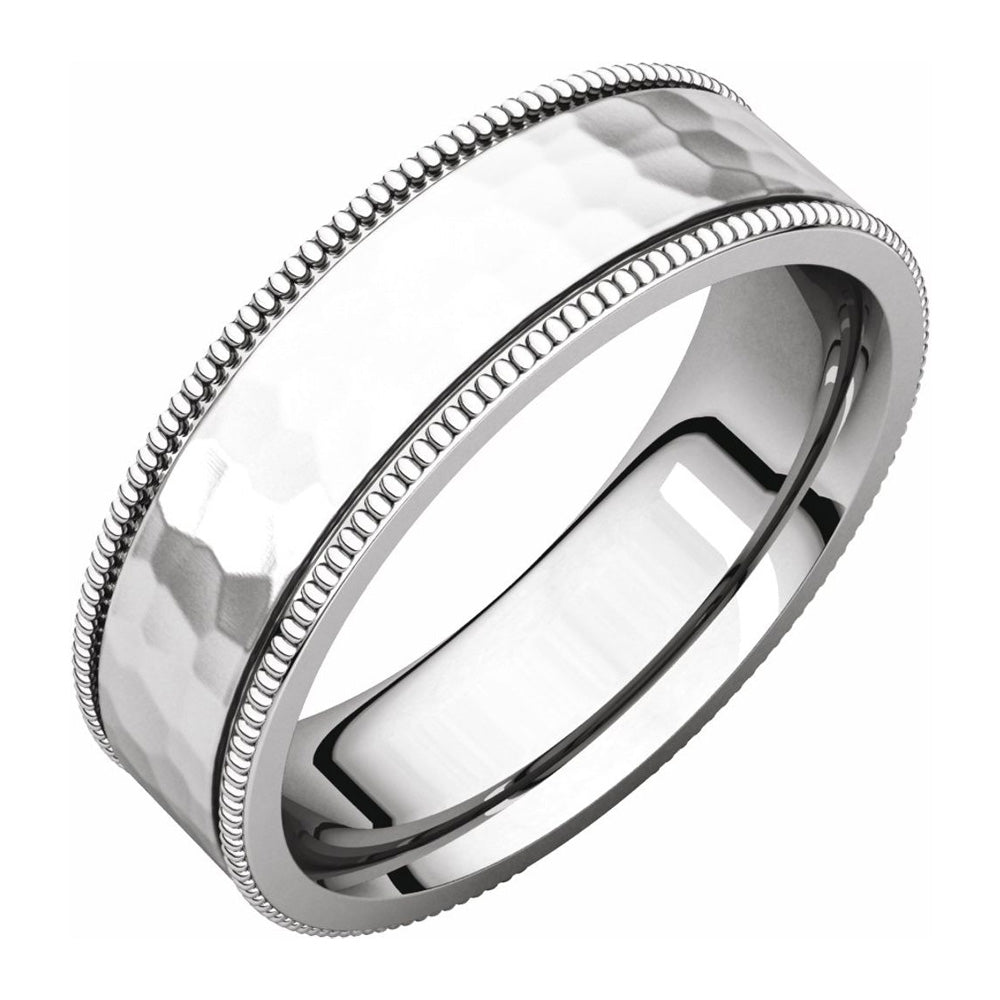6mm 14K White Gold Milgrain Hammered Flat Comfort Fit Band, Item R11673 by The Black Bow Jewelry Co.