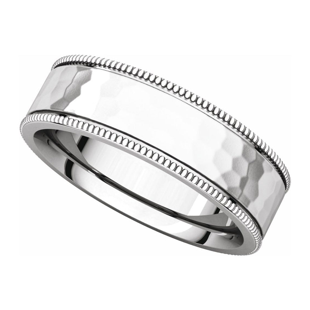 Alternate view of the 6mm 14K White Gold Milgrain Hammered Flat Comfort Fit Band by The Black Bow Jewelry Co.