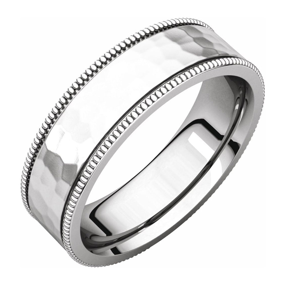 6mm Platinum Milgrain Hammered Flat Comfort Fit Band, Item R11674 by The Black Bow Jewelry Co.