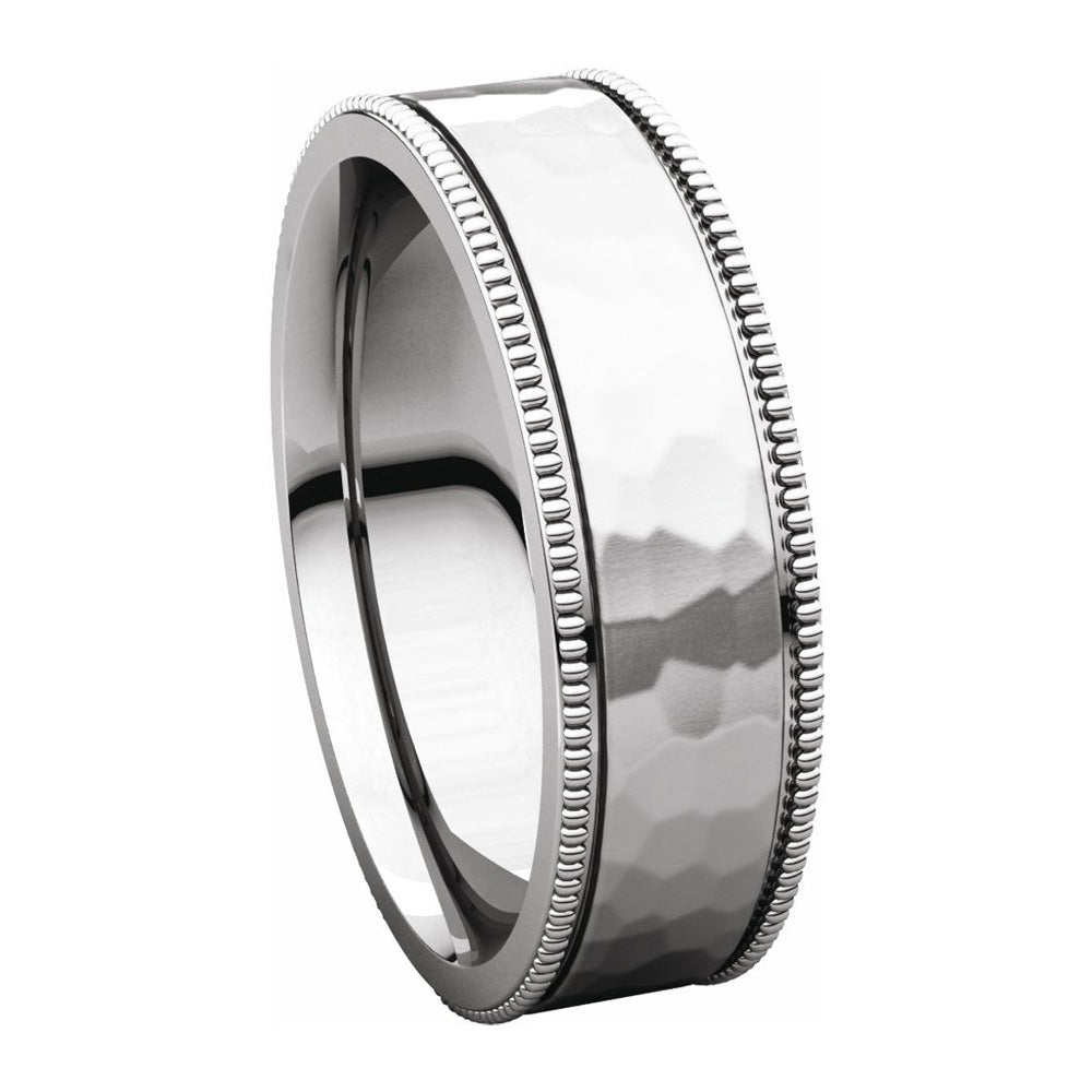 Alternate view of the 6mm Platinum Milgrain Hammered Flat Comfort Fit Band by The Black Bow Jewelry Co.